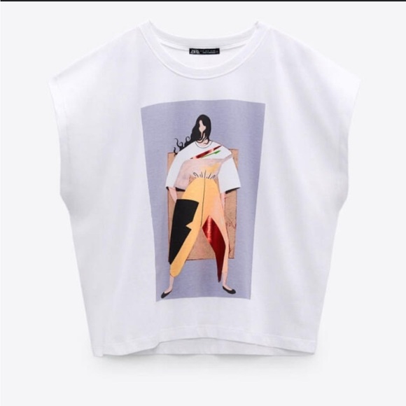 ZARA White Graphic T Shirt Size Large - Picture 2 of 7